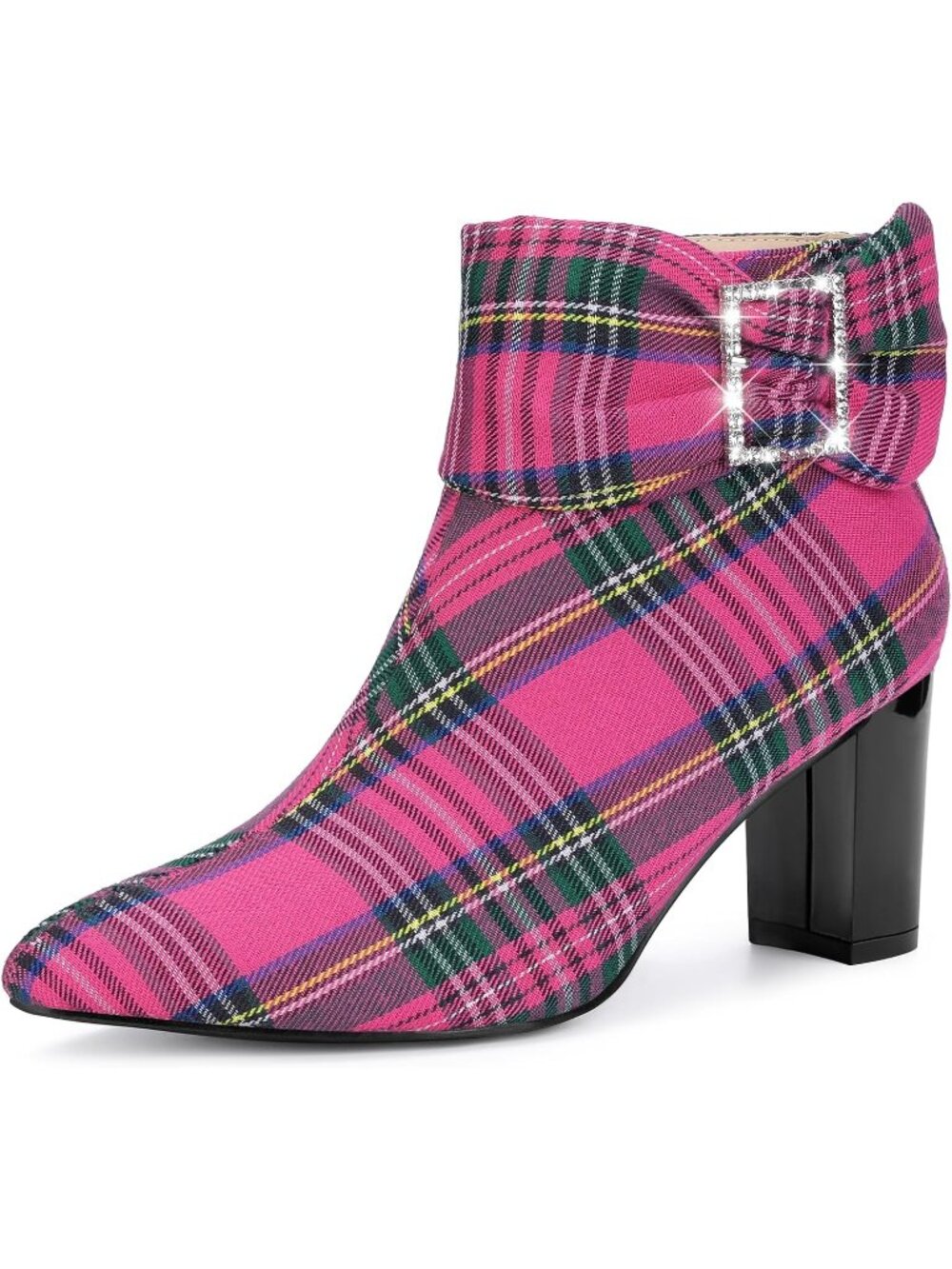 Women's Purple Pointy Toe Rhinestone Bow Zipper Chunky Heels Casual Ankle Boots